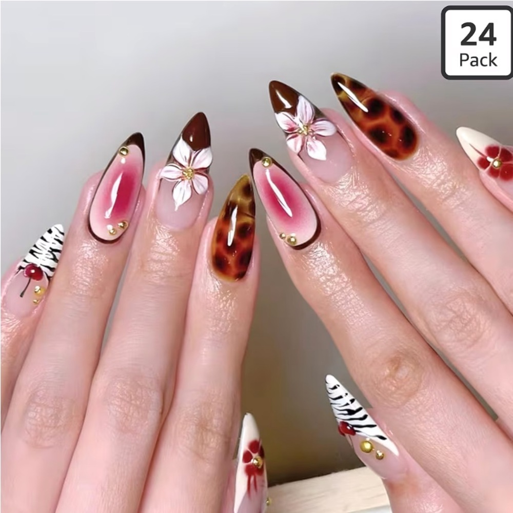 Animal Print Press on Nails French Tip Fake Nails with Zebra Tortoise Nails New